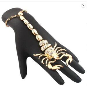 Scorpion Ring + Bracelet Connected Gold tone clear rhinestones FANCY FASHION EC